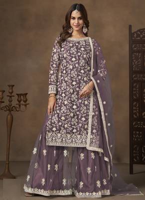Lavender net embroidered designer palazzo suit 1