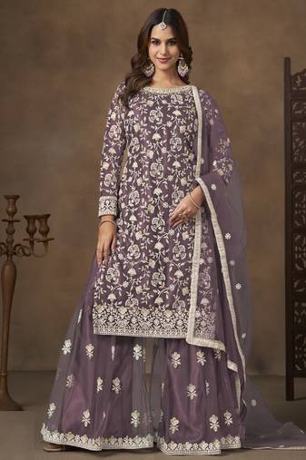 Lavender net embroidered designer plazzo suit