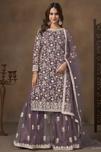Lavender net embroidered designer plazzo suit