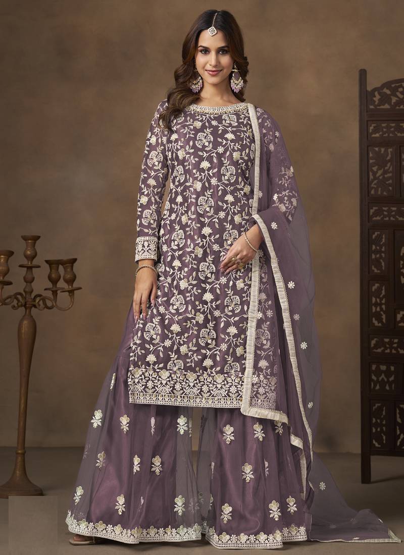 Lavender net embroidered designer plazzo suit