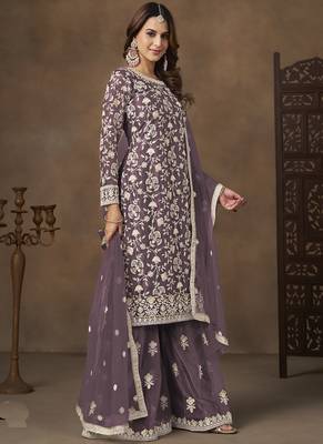 Lavender net embroidered designer palazzo suit 2