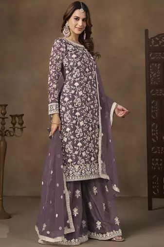 Lavender net embroidered designer palazzo suit