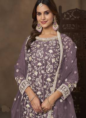Lavender net embroidered designer palazzo suit 3