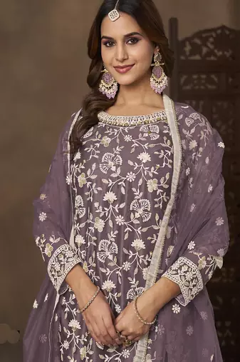 Lavender net embroidered designer palazzo suit