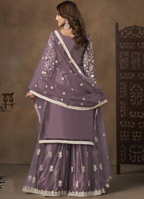 Lavender net embroidered designer palazzo suit 4
