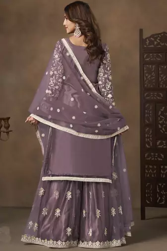 Lavender net embroidered designer palazzo suit