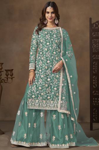 Sea green net embroidered palazzo suit
