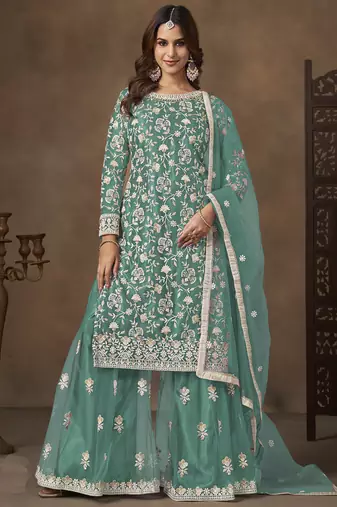 Sea green net embroidered palazzo suit