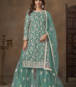 Sea green net embroidered palazzo suit