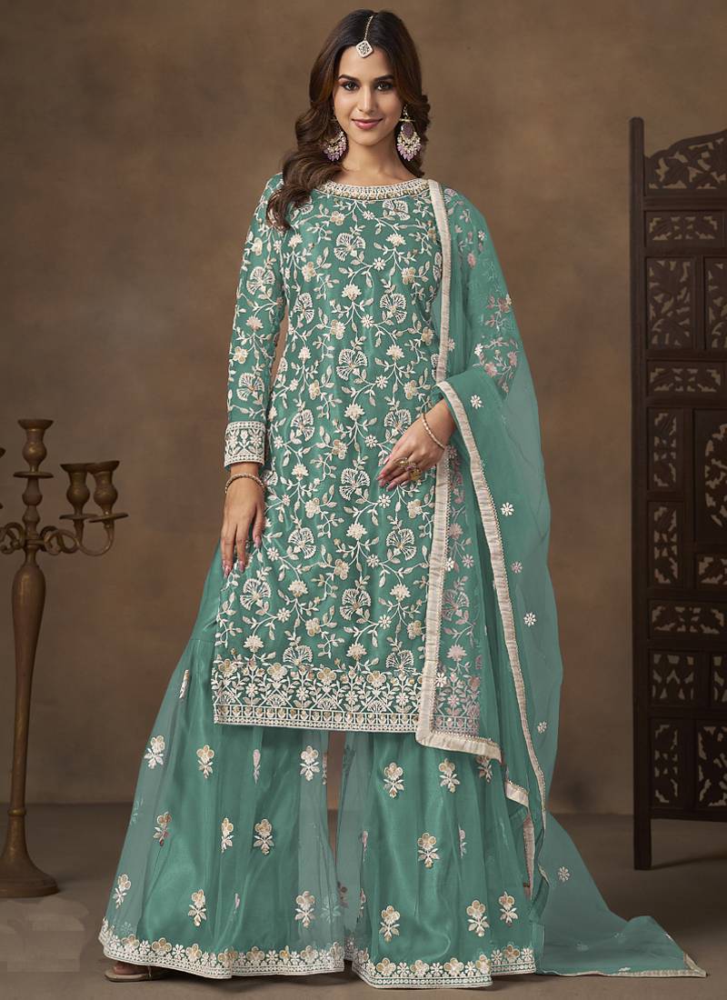 Sea green net embroidered palazzo suit
