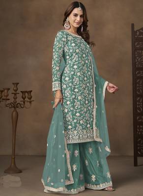 Sea green net embroidered palazzo suit 2