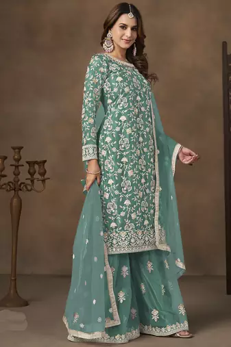 Sea green net embroidered palazzo suit