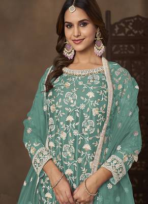 Sea green net embroidered palazzo suit 3