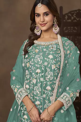 Sea green net embroidered palazzo suit