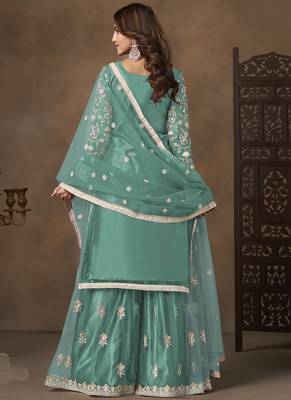 Sea green net embroidered palazzo suit 4