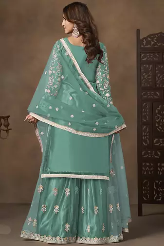 Sea green net embroidered palazzo suit