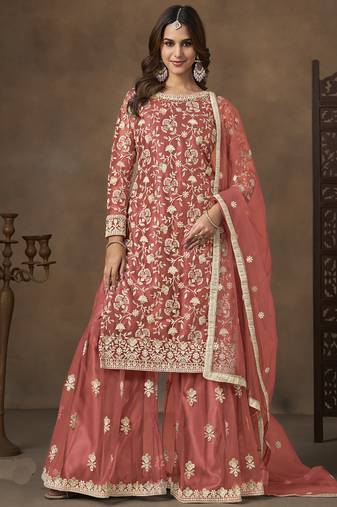 Dark peach net embroidered palazzo suit