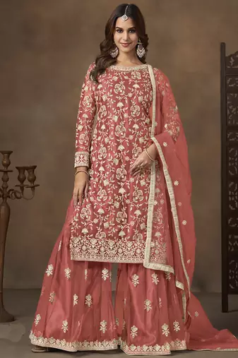 Dark peach net embroidered palazzo suit