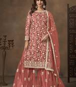 Dark peach net embroidered palazzo suit