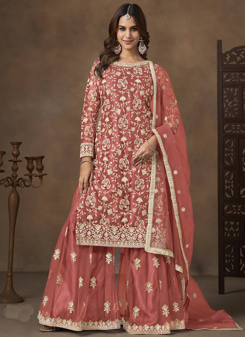 Dark peach net embroidered palazzo suit