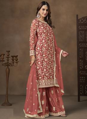 Dark peach net embroidered palazzo suit 2