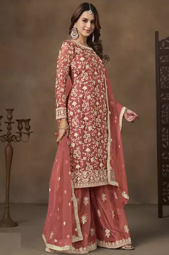 Dark peach net embroidered palazzo suit