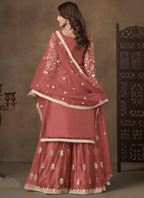Dark peach net embroidered palazzo suit 3