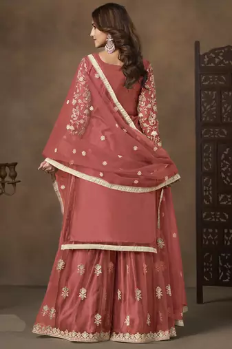 Dark peach net embroidered palazzo suit