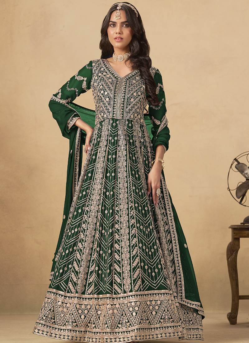 Green georgette embroidered anarkali suit