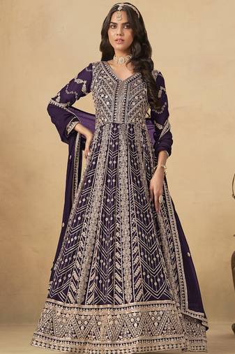 Wine georgette embroidered anarkali suit