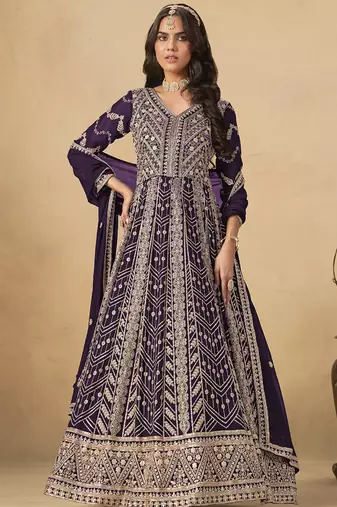Wine georgette embroidered anarkali suit
