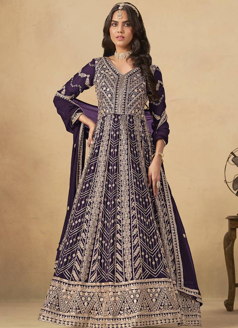 Wine georgette embroidered anarkali suit