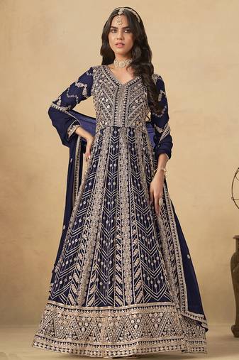 Navy blue georgette embroidered anarkali suit