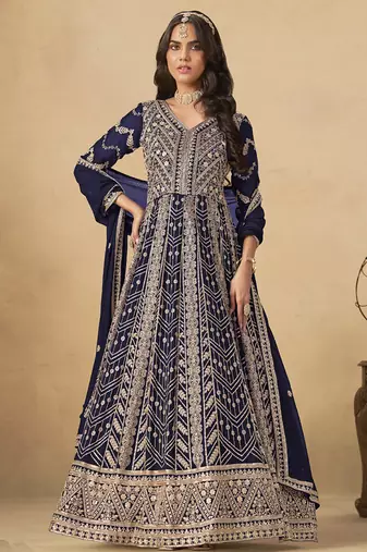 Navy blue georgette embroidered anarkali suit
