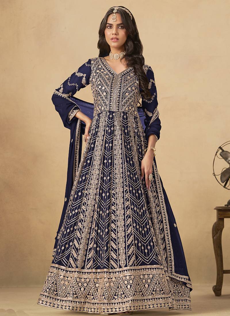 Navy blue georgette embroidered anarkali suit