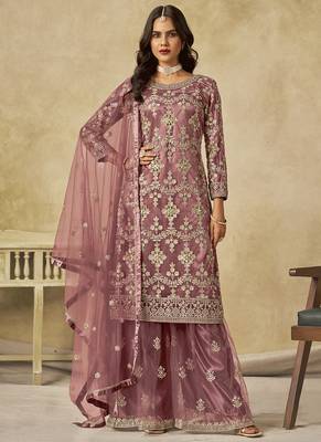 Onion pink net embroidered palazzo suit 1