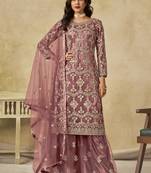Onion pink net embroidered palazzo suit