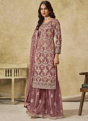 Onion pink net embroidered palazzo suit 2