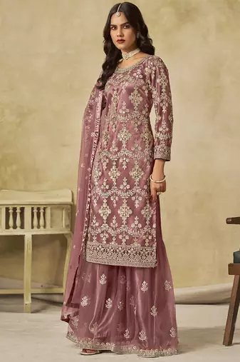 Onion pink net embroidered palazzo suit