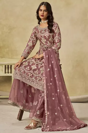 Onion pink net embroidered palazzo suit