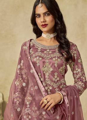 Onion pink net embroidered palazzo suit 4