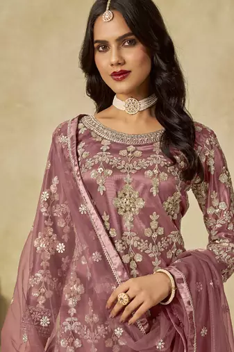 Onion pink net embroidered palazzo suit