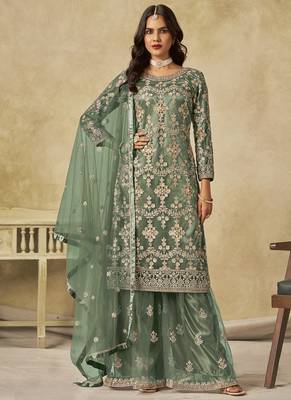 Light green net embroidered palazzo suit 1