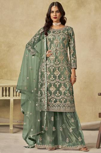 Light green net embroidered palazzo suit