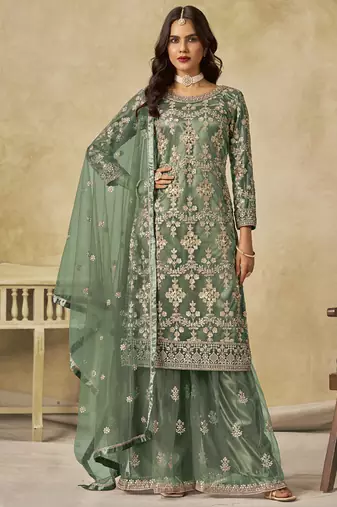 Light green net embroidered palazzo suit