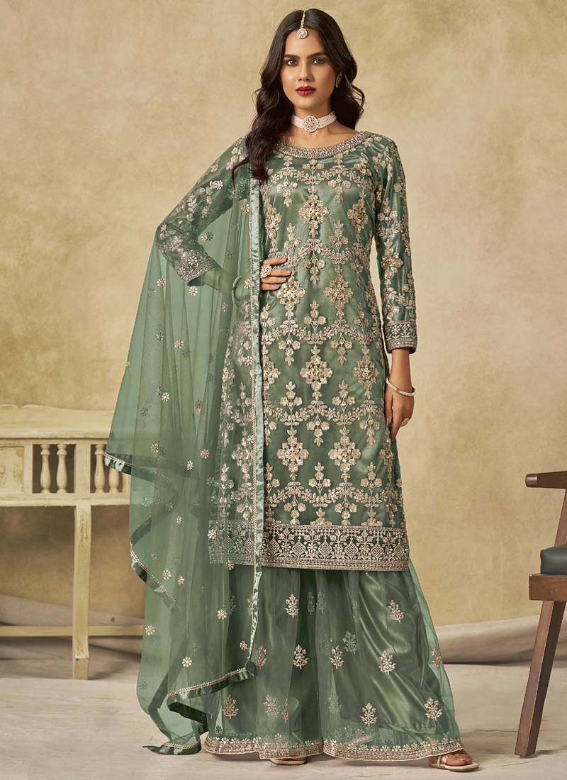 Light green net embroidered palazzo suit