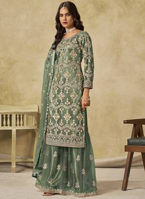 Light green net embroidered palazzo suit 2