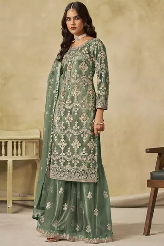 Light green net embroidered palazzo suit