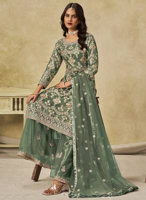 Light green net embroidered palazzo suit 3