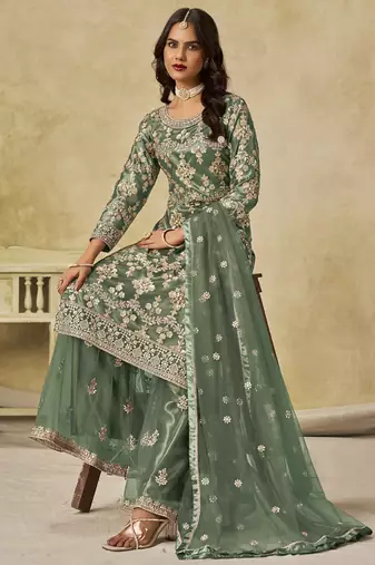 Light green net embroidered palazzo suit